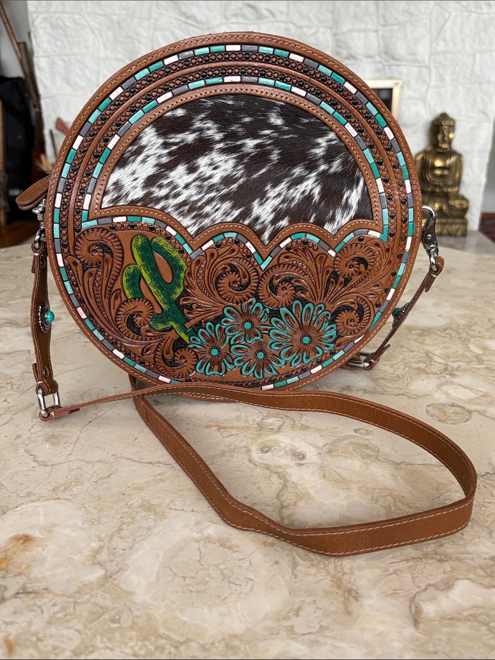 Myra Prairie Dreams Handtooled Round Leather Bag - As New - Boho - Picture 6 of 16